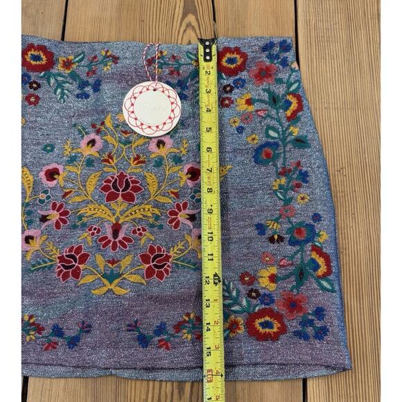 NWT Umgee Metallic‎ Blue Mini Skirt Embroidered Floral Tapestry Boho Festival L - Picture 5 of 9